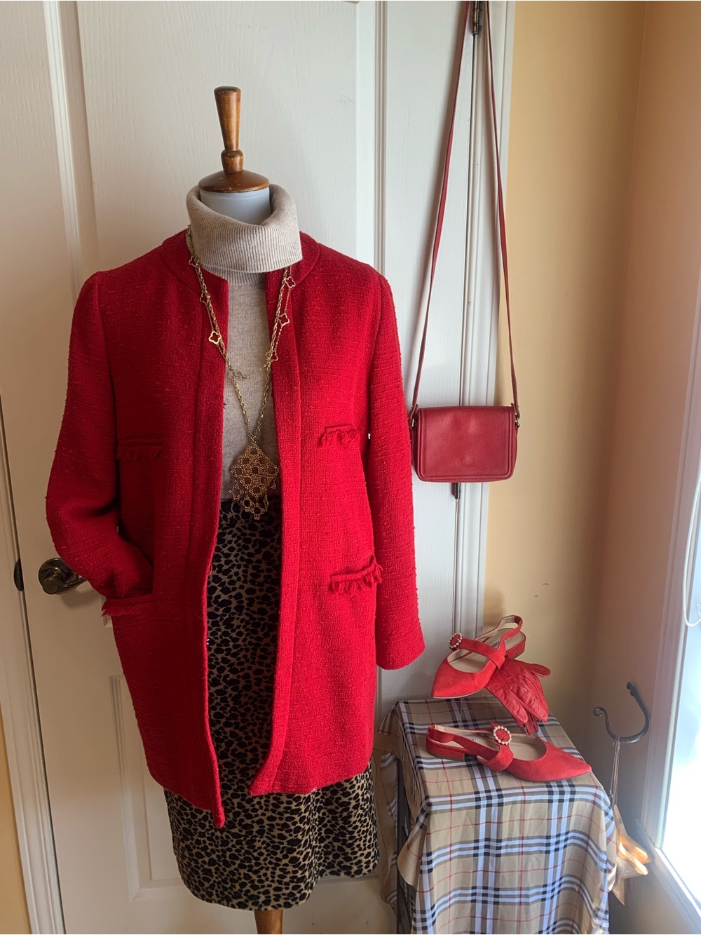 Zara Red Bouclé tweed like cotton  Blazer Jacket
